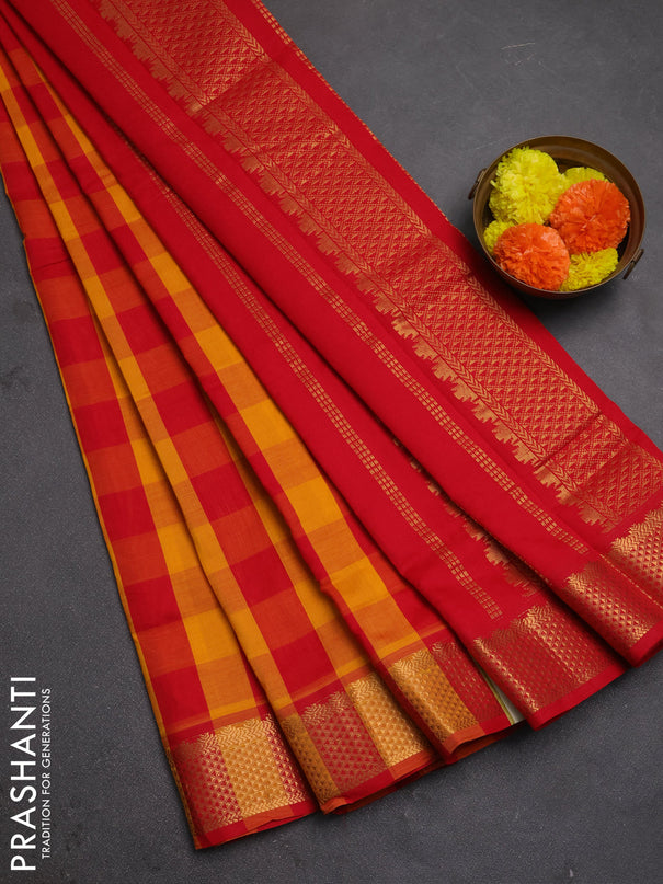 Red & Mustard Yellow Semi Silk Cotton Saree - Paalum Pazhamum Checks