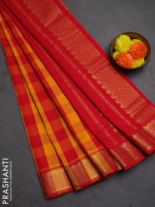 Red & Mustard Yellow Semi Silk Cotton Saree - Paalum Pazhamum Checks