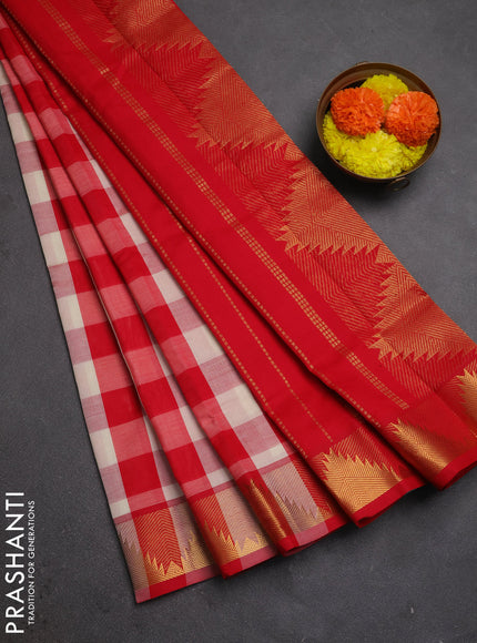 Red & Off White Semi Silk Cotton Saree - Paalum Pazhamum Checks
