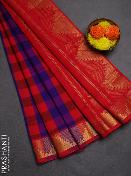 Red & Violet Semi Silk Cotton Saree - Paalum Pazhamum Checks