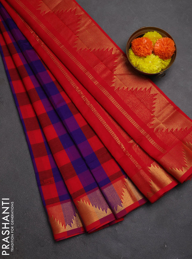 Red & Violet Semi Silk Cotton Saree - Paalum Pazhamum Checks