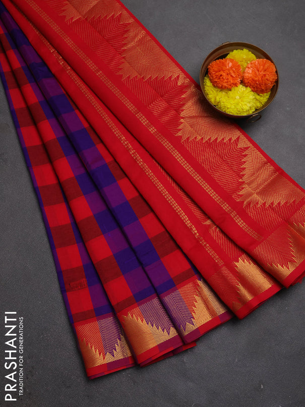 Red & Violet Semi Silk Cotton Saree - Paalum Pazhamum Checks