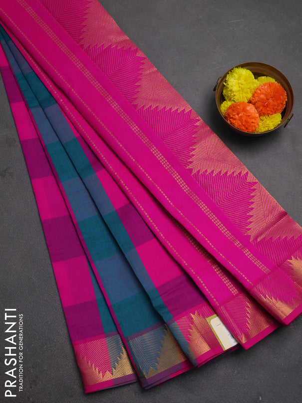 Pink & Peacock Green Semi Silk Cotton Saree - Paalum Pazhamum Checks