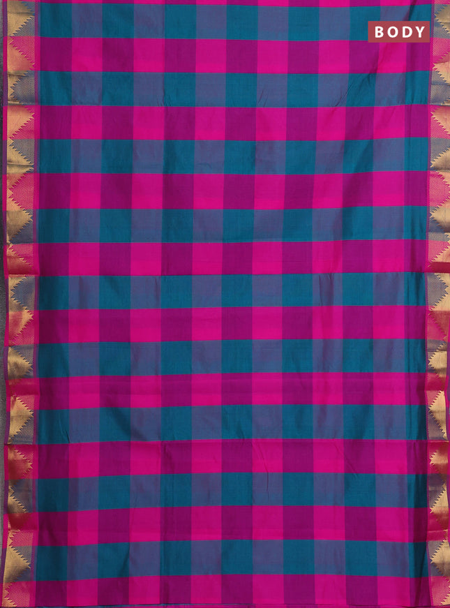 Pink & Peacock Green Semi Silk Cotton Saree - Paalum Pazhamum Checks