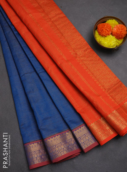 Peacock Blue & Orange Semi Silk Cotton Saree - Vairaosi