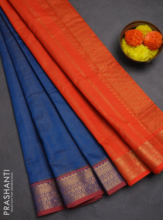 Peacock Blue & Orange Semi Silk Cotton Saree - Vairaosi