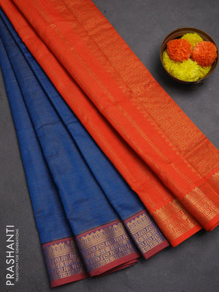 Peacock Blue & Orange Semi Silk Cotton Saree - Vairaosi