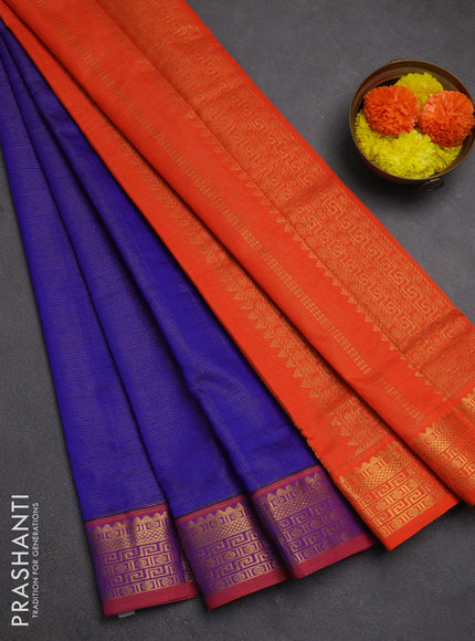 Blue & Orange Semi Silk Cotton Saree - Vairaosi