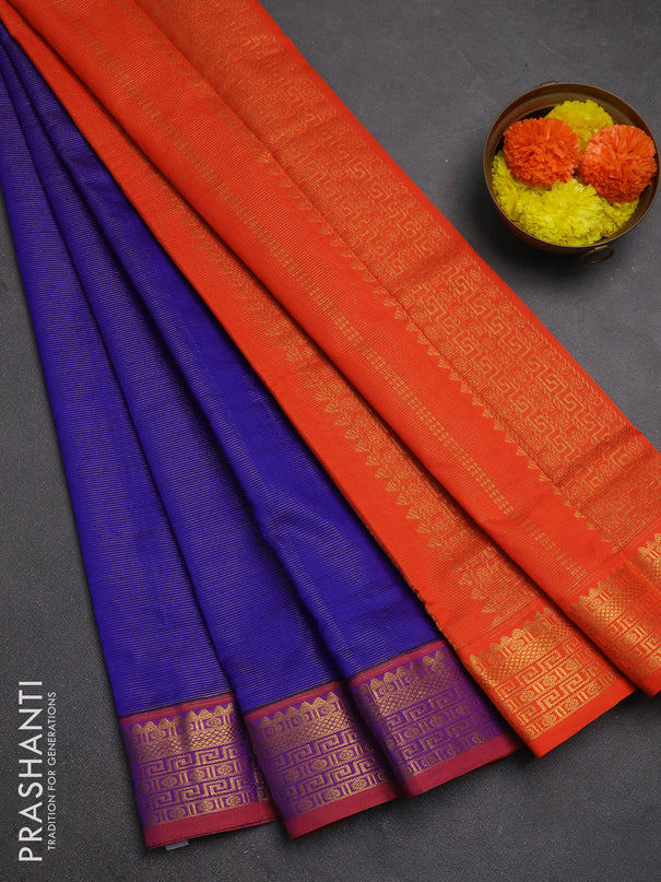 Blue & Orange Semi Silk Cotton Saree - Vairaosi