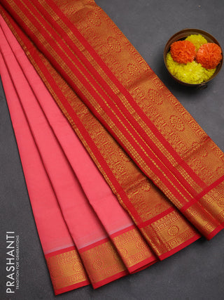 Peach Pink & Red Semi Silk Cotton Saree - Vairaosi