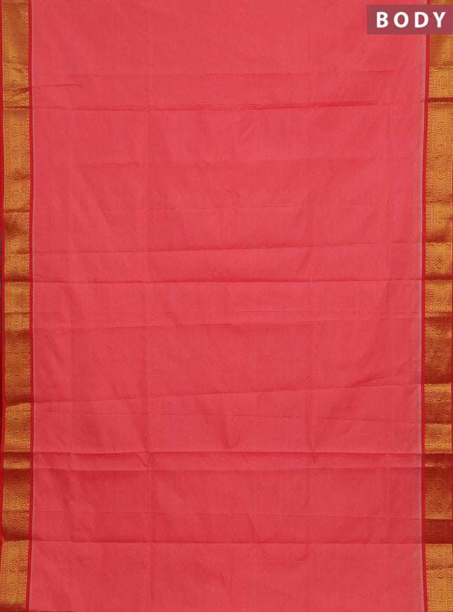 Peach Pink & Red Semi Silk Cotton Saree - Vairaosi
