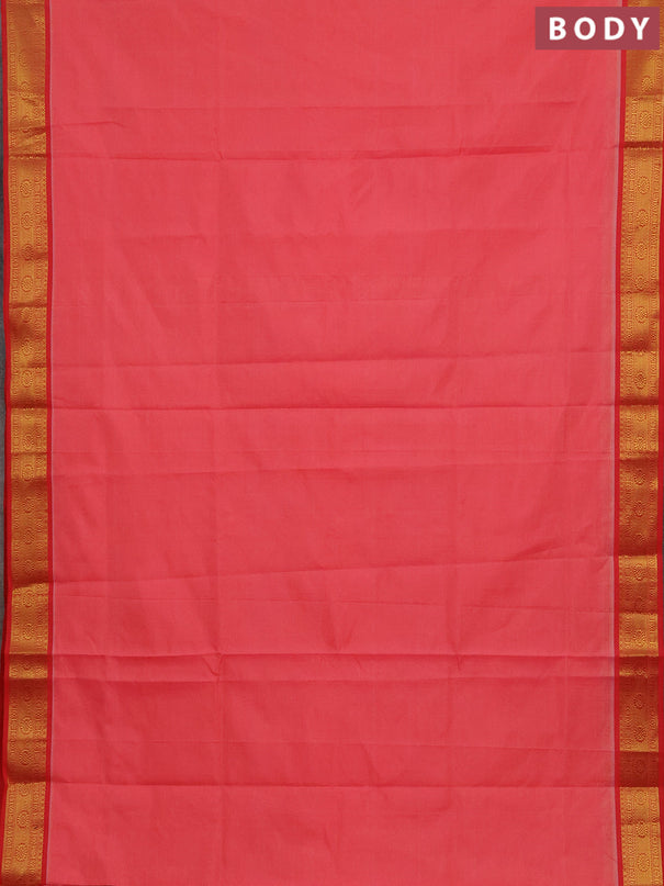 Peach Pink & Red Semi Silk Cotton Saree - Vairaosi
