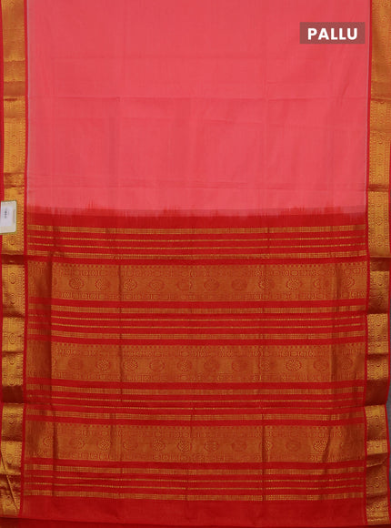 Peach Pink & Red Semi Silk Cotton Saree - Vairaosi