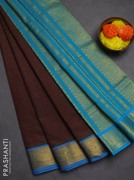 Coffee Brown & Teal Blue Semi Silk Cotton Saree - Vairaosi