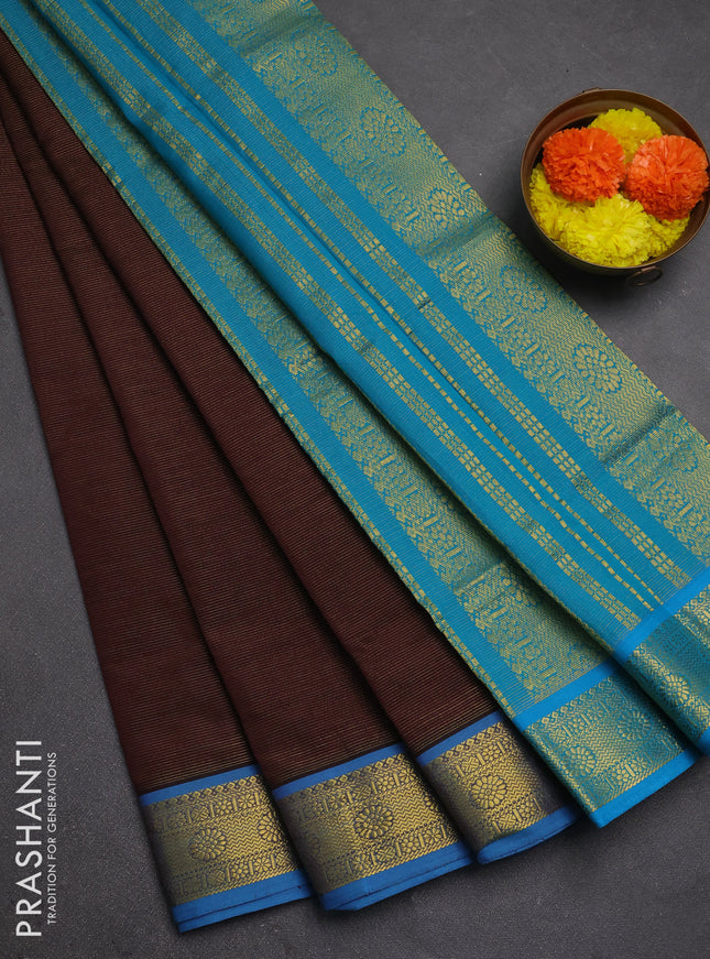 Coffee Brown & Teal Blue Semi Silk Cotton Saree - Vairaosi