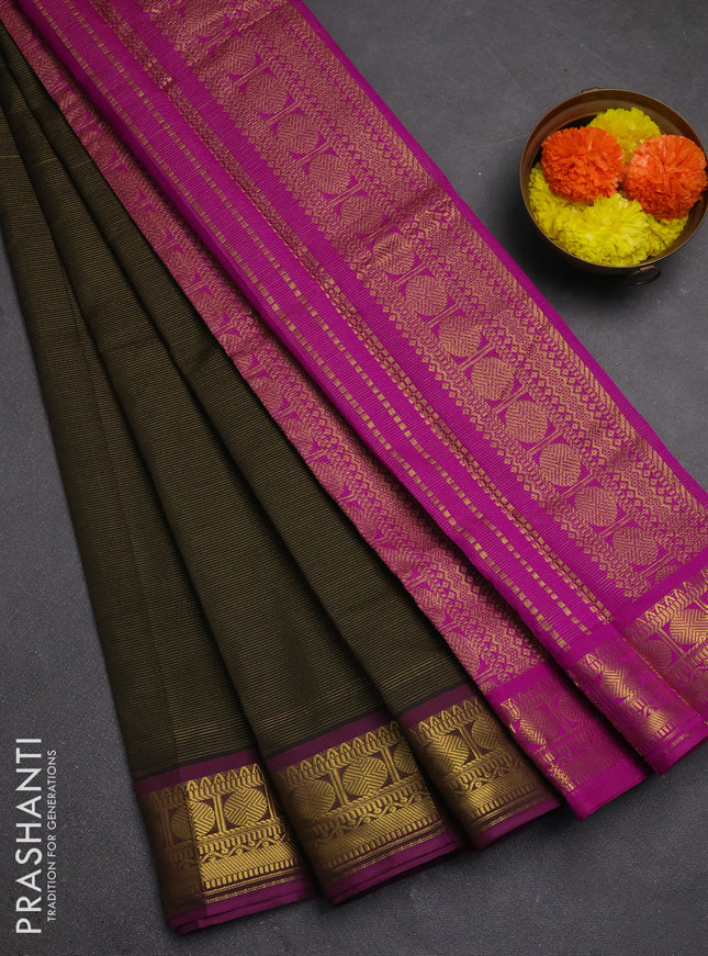 Mehendi Green & Magenta Pink Semi Silk Cotton Saree - Vairaosi