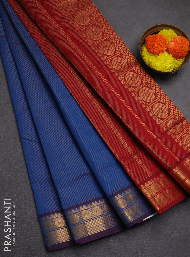 Blue & Maroon Semi Silk Cotton Saree - Vairaosi