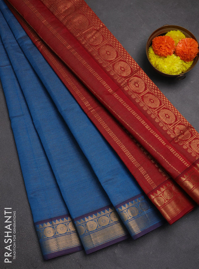 Blue & Maroon Semi Silk Cotton Saree - Vairaosi