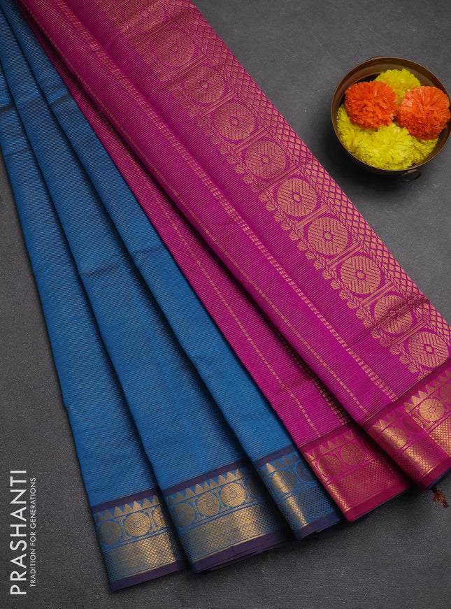 Peacock Blue & Magenta Pink Semi Silk Cotton Saree - Vairaosi