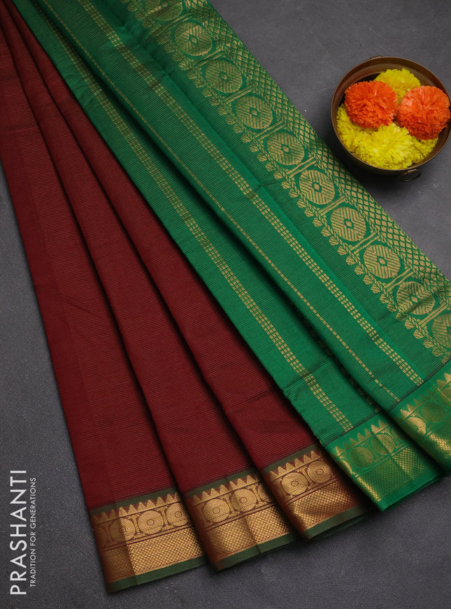 Maroon & Green Semi Silk Cotton Saree - Vairaosi