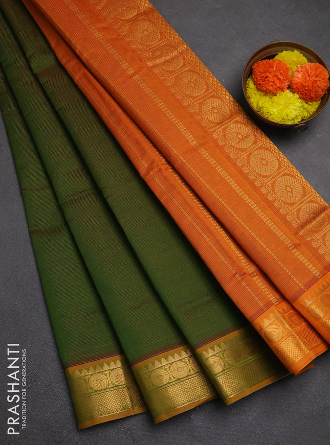 Mehendi Green & Mustard Yellow Semi Silk Cotton Saree - Vairaosi