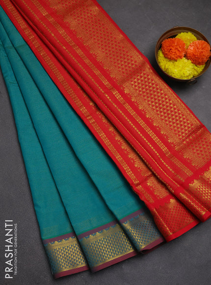 Teal Green & Red Semi Silk Cotton Saree - Vairaosi