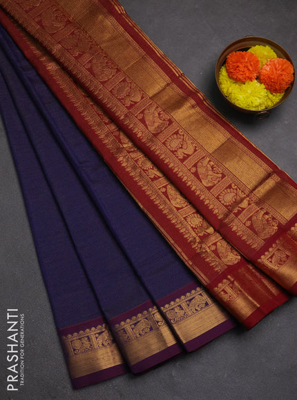 Navy Blue & Maroon Semi Silk Cotton Saree - Vairaosi