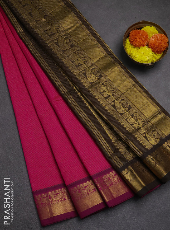 Pink & Coffee Brown Semi Silk Cotton Saree - Vairaosi