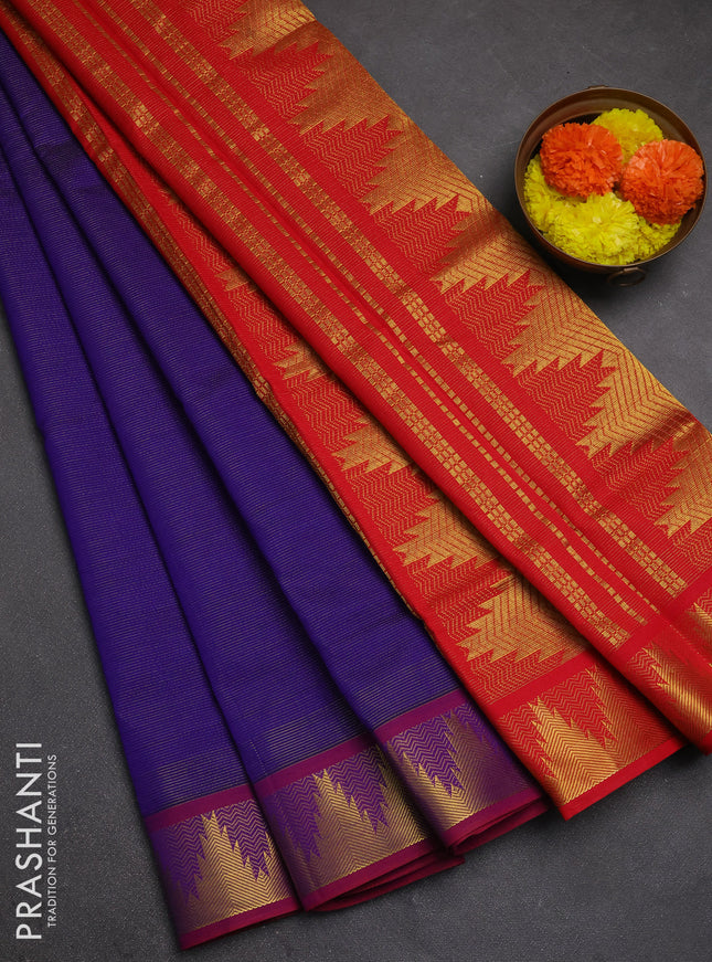 Violet & Red Semi Silk Cotton Saree - Vairaosi