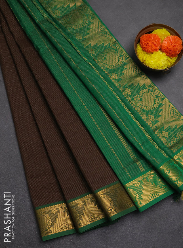 Coffee Brown & Green Semi Silk Cotton Saree - Vairaosi