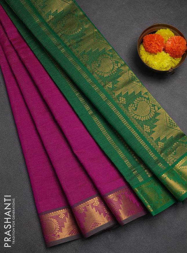 Magenta Pink & Green Semi Silk Cotton Saree - Vairaosi