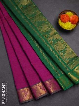 Magenta Pink & Green Semi Silk Cotton Saree - Vairaosi