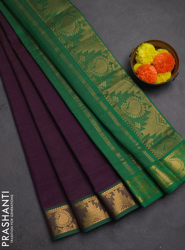 Deep Purple & Green Semi Silk Cotton Saree - Vairaosi