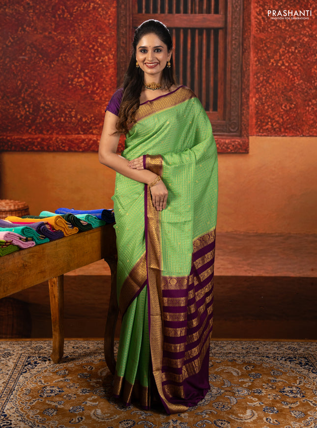 Green & Purple  Pure Mysore Silk Saree - Checks
