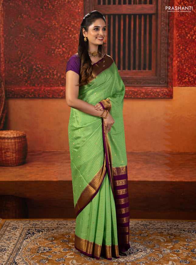 Green & Purple  Pure Mysore Silk Saree - Checks
