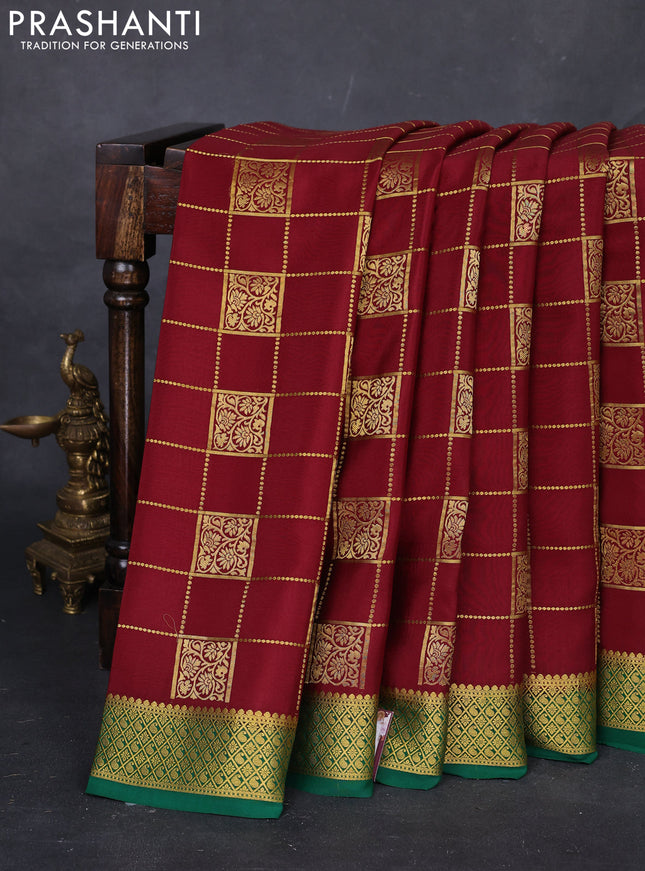 Maroon & Green  Pure Mysore Silk Saree - Checks