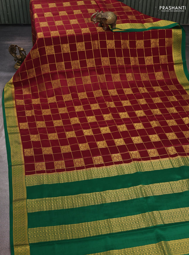 Maroon & Green  Pure Mysore Silk Saree - Checks