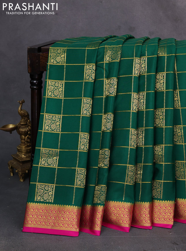 Green & Pink Pure Mysore Silk Saree - Checks