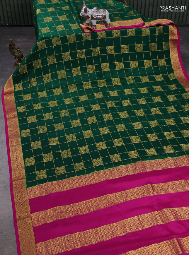 Green & Pink Pure Mysore Silk Saree - Checks