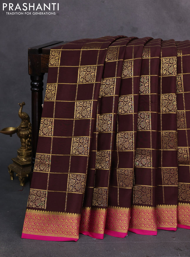 Coffee Brown & Pink  Pure Mysore Silk Saree - Checks