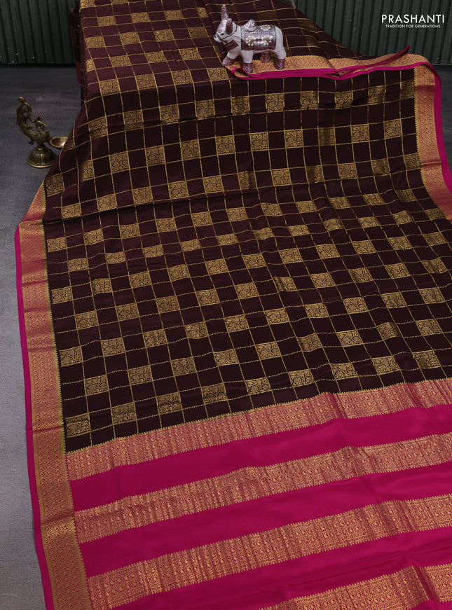 Coffee Brown & Pink  Pure Mysore Silk Saree - Checks