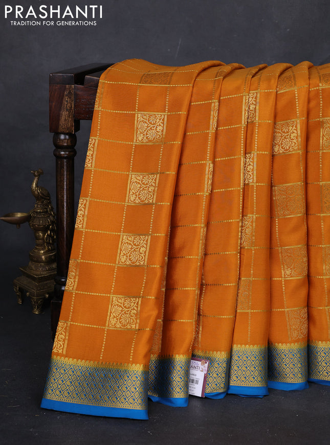 Mustard Yellow & peacock blue  Pure Mysore Silk Saree - Checks