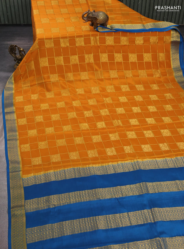 Mustard Yellow & peacock blue  Pure Mysore Silk Saree - Checks