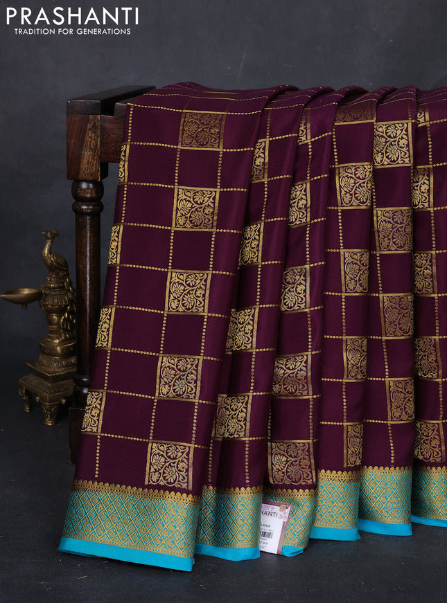 Wine & Teal Blue  Pure Mysore Silk Saree - Checks