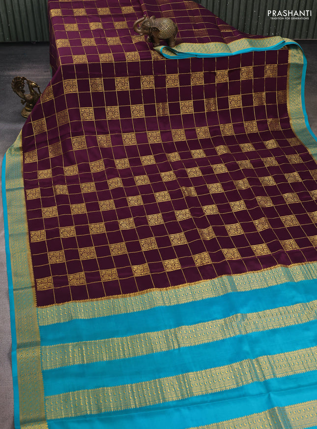Wine & Teal Blue  Pure Mysore Silk Saree - Checks