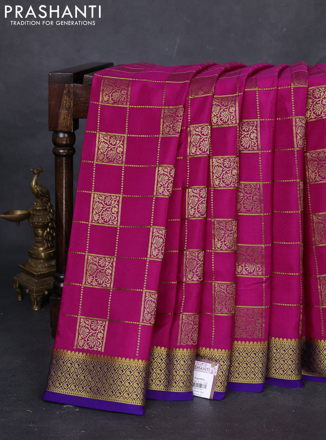 Pink & Violet Pure Mysore Silk Saree - Checks