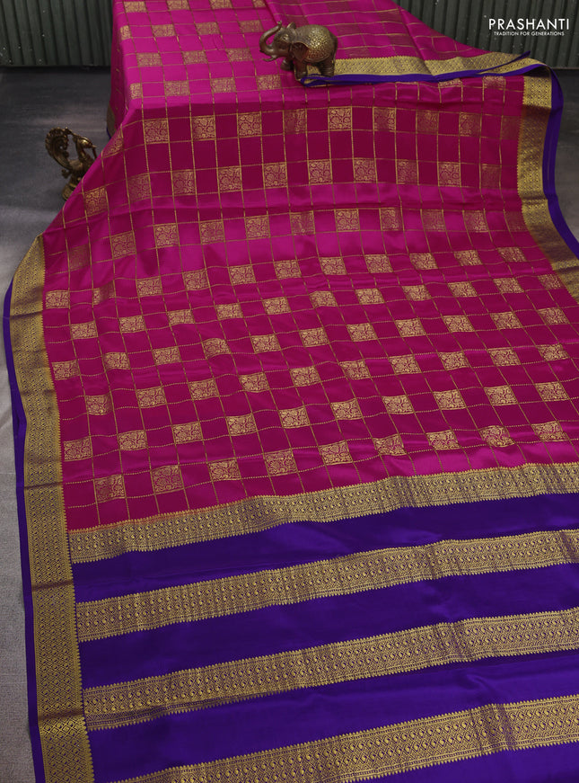 Pink & Violet Pure Mysore Silk Saree - Checks