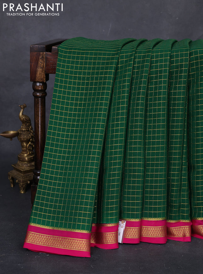 Green & Pink Pure Mysore Silk Saree - Checks