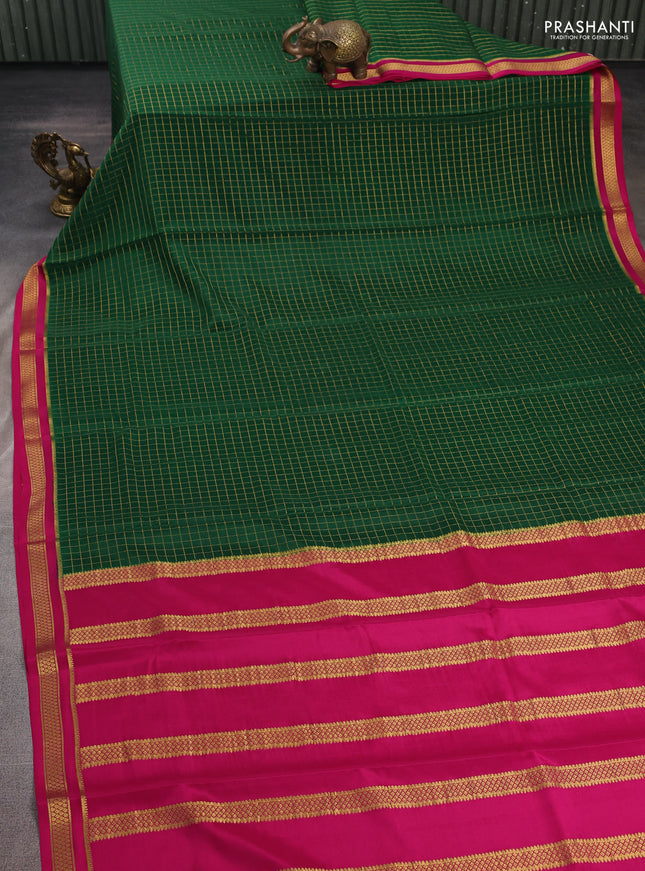 Green & Pink Pure Mysore Silk Saree - Checks
