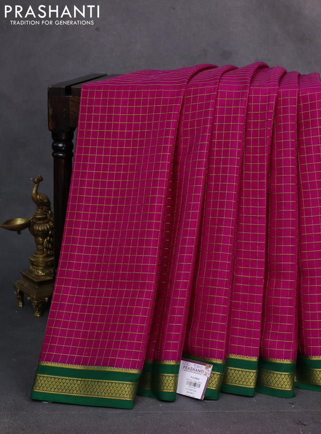 Pink & Green Pure Mysore Silk Saree - Checks
